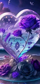 Heart-shaped glass with purple roses on a serene beach.