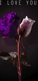 Purple rose with 'I Love You' text on a dark background.