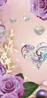 Romantic purple rose wallpaper with heart motifs and silver accents.