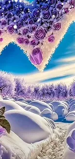 Romantic wallpaper with purple roses in a snowy landscape forming a heart shape.