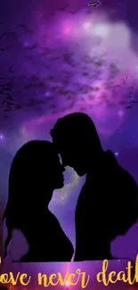 Silhouetted romantic couple against cosmic purple sky with love quote.