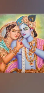 Romantic Radha Krishna painting with vibrant colors.