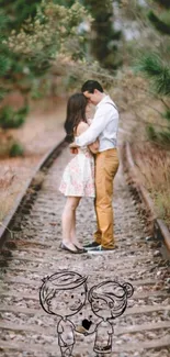 Couple embraces on railway with nature and cartoon sketch.