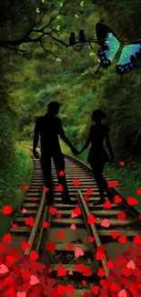 Romantic couple on railway with butterfly.