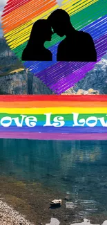 Rainbow heart over mountain with Love is Love text.