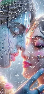 Romantic couple under rain wallpaper with vibrant hues.