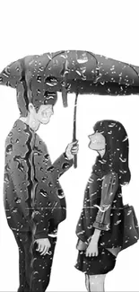 Black and white art of a couple under an umbrella in rain.