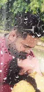 Romantic couple embracing behind a rainy window with blurred background.