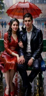 Couple on a bench under a red umbrella with a rainy city backdrop.