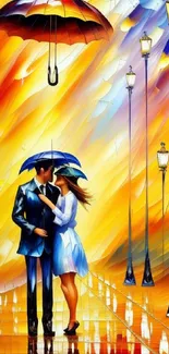 Romantic couple with umbrellas on a vibrant, colorful rainy street.