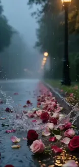 Red rose petals on wet street with streetlights in the rain.
