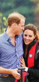 Romantic couple walking in rain with greenery.