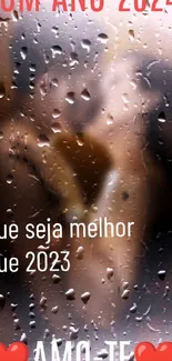 Romantic raindrops on window with love message for 2024.