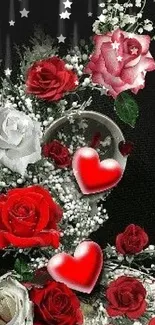 Romantic red and white roses with hearts and starry accents.