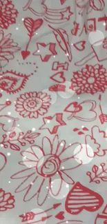 Red doodle hearts and flowers wallpaper with playful patterns.