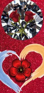 Red glitter wallpaper with roses, diamond, and heart design.