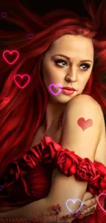 Woman with red hair and heart motifs, romantic mobile wallpaper.