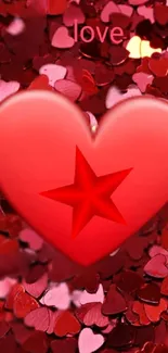 Romantic red heart with star on scattered hearts background.