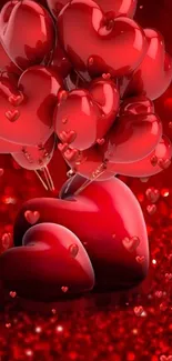 Red heart balloons on a glittery background, full of romance.