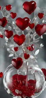 Vase with decorative red hearts and silver leaves