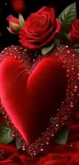 Romantic red heart surrounded by roses.