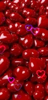 Glossy red heart shapes creating a romantic mobile wallpaper.