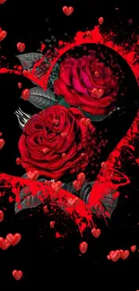 Vibrant red heart and roses on a dark background, filled with passion.