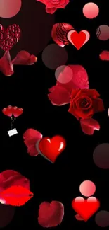 Red hearts and rose petals on a black wallpaper.