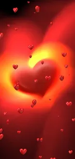 Romantic red heart glowing on a dark background with small hearts.