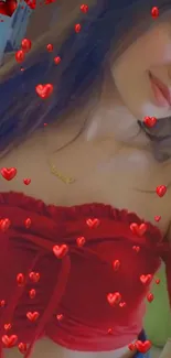 Woman in red top with floating heart icons on mobile wallpaper.