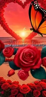 Romantic wallpaper with red heart, roses, and butterfly.