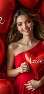 Woman holding a red heart balloon in a romantic setting.