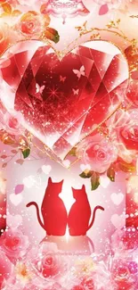 Romantic red heart wallpaper with cats and roses.