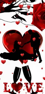 Romantic wallpaper with red hearts, roses, and couple silhouette.