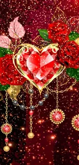 Red heart gemstone with roses and gold chains on dark background.