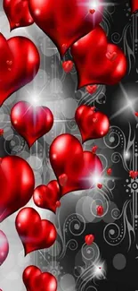 Vibrant red hearts on a dark, ornate background.