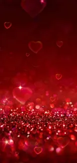 Romantic red heart mobile wallpaper with glitter.