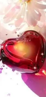 Shiny red heart on a floral background with soft light.