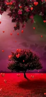 Red heart-themed wallpaper with tree and night sky.