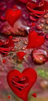 Red hearts on a textured vibrant background.