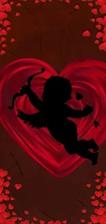 Silhouette of Cupid against red heart background.