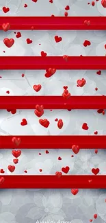 Romantic mobile wallpaper with red hearts on a floral backdrop featuring red shelves.