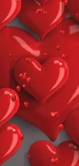 Glossy red hearts wallpaper for mobile phone.