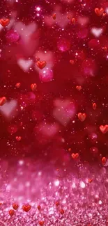 Romantic red hearts wallpaper with sparkling background.