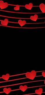 Romantic red hearts on a black background mobile wallpaper.