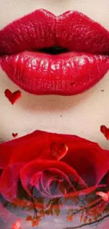 Vibrant red lips and roses mobile wallpaper with heart accents.