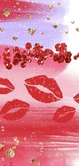 Romantic red lips and hearts abstract wallpaper.