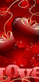 Romantic red hearts with sparkles on a vibrant red background.