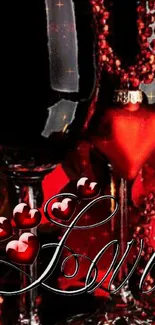 Romantic wallpaper with red hearts, wine glasses, and love text.