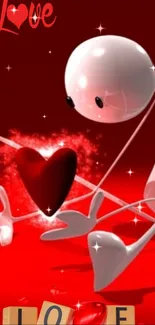 Romantic red wallpaper with a cute figure holding a heart and love text.